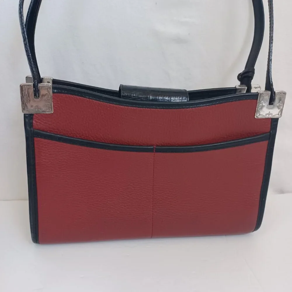 Brighton Bag Leather Shoulder Handbag Croc-Embossed Black‎ Maroon
